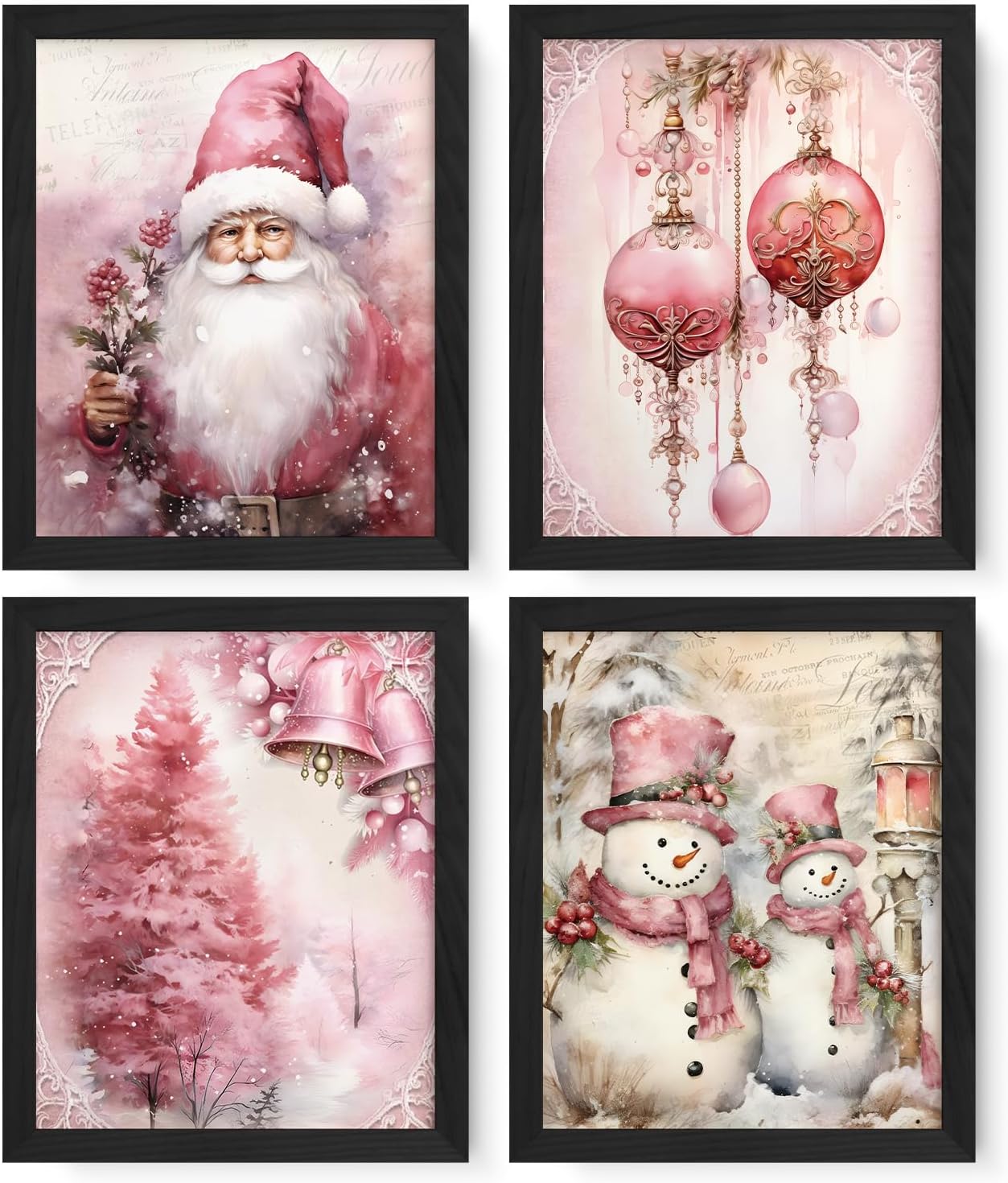 Pink Christmas Wall Decor, Vintage Santa Claus Snowman