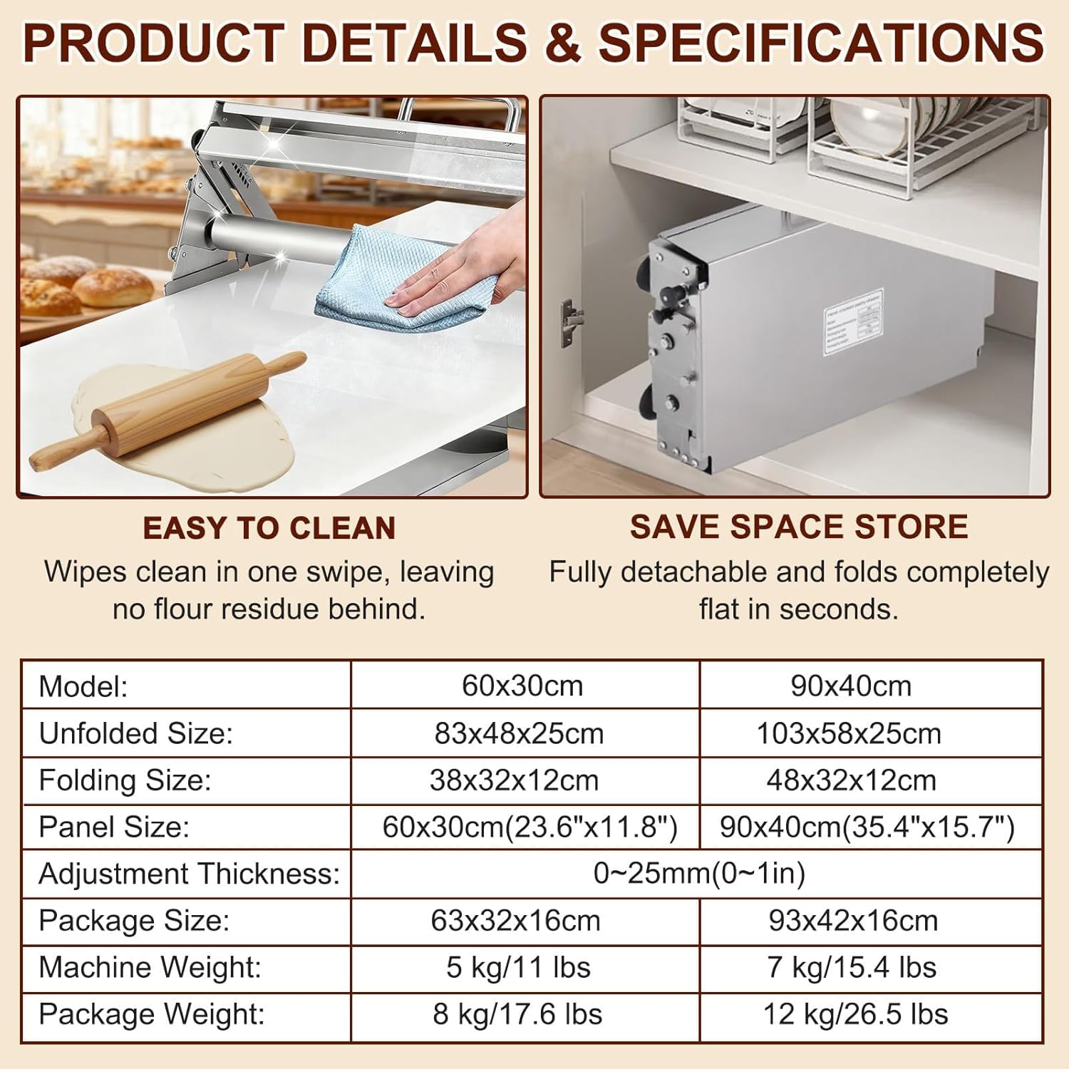 Laminadora de Masa Manual compacta con Manivela Grosor Ajustable. MáQuina para Hacer Croissants Pasteles Laminados Equipo PanaderíA Comercial Grosor Ajustable