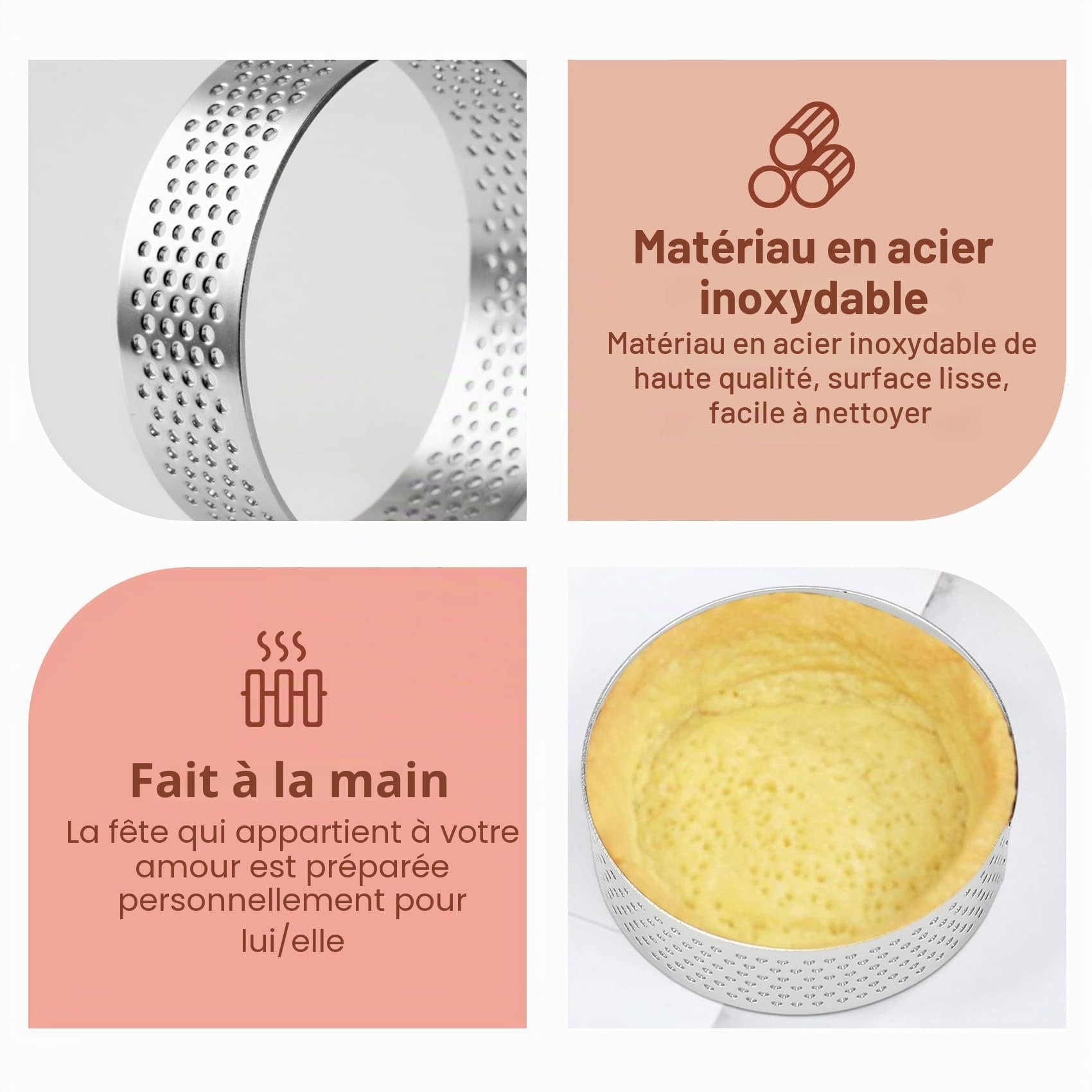Lot de 10 moules en acier inoxydable, 6 cm, ronds, perforés, pour desserts, pour tartes aux fruits, quiches, mousse, avec revêtement antiadhésif, ustensiles de cuisine inoxydables