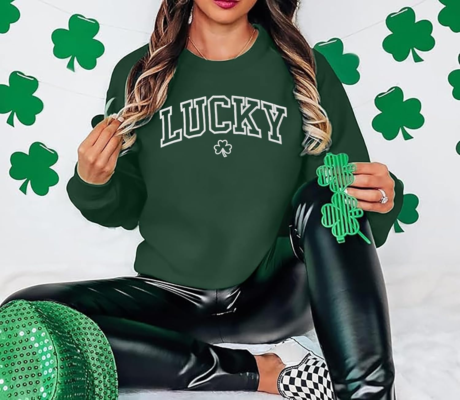 VVNTY St. Patrick's Day Sweatshirt for Women: Embroidered Lucky Shamrock Graphic Tee Shirts Paddy's Day Pullover Tops - Image 2