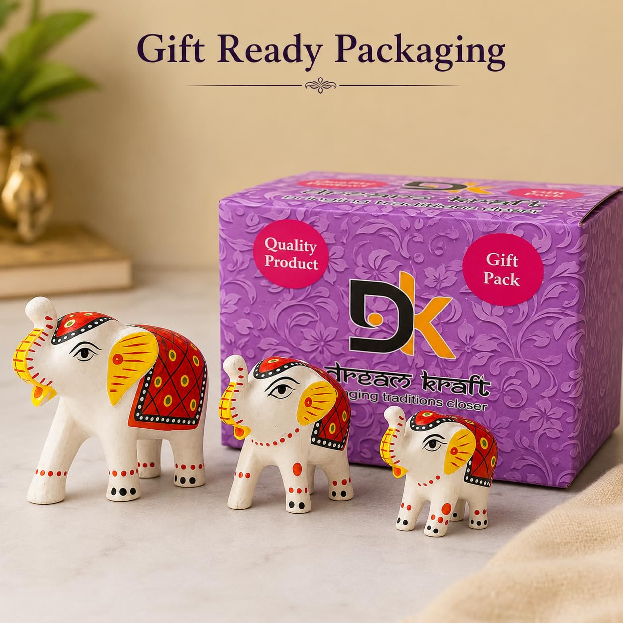 DreamKraft Paper Mache Elephant Showpiece Idols, White, Set of 3 4