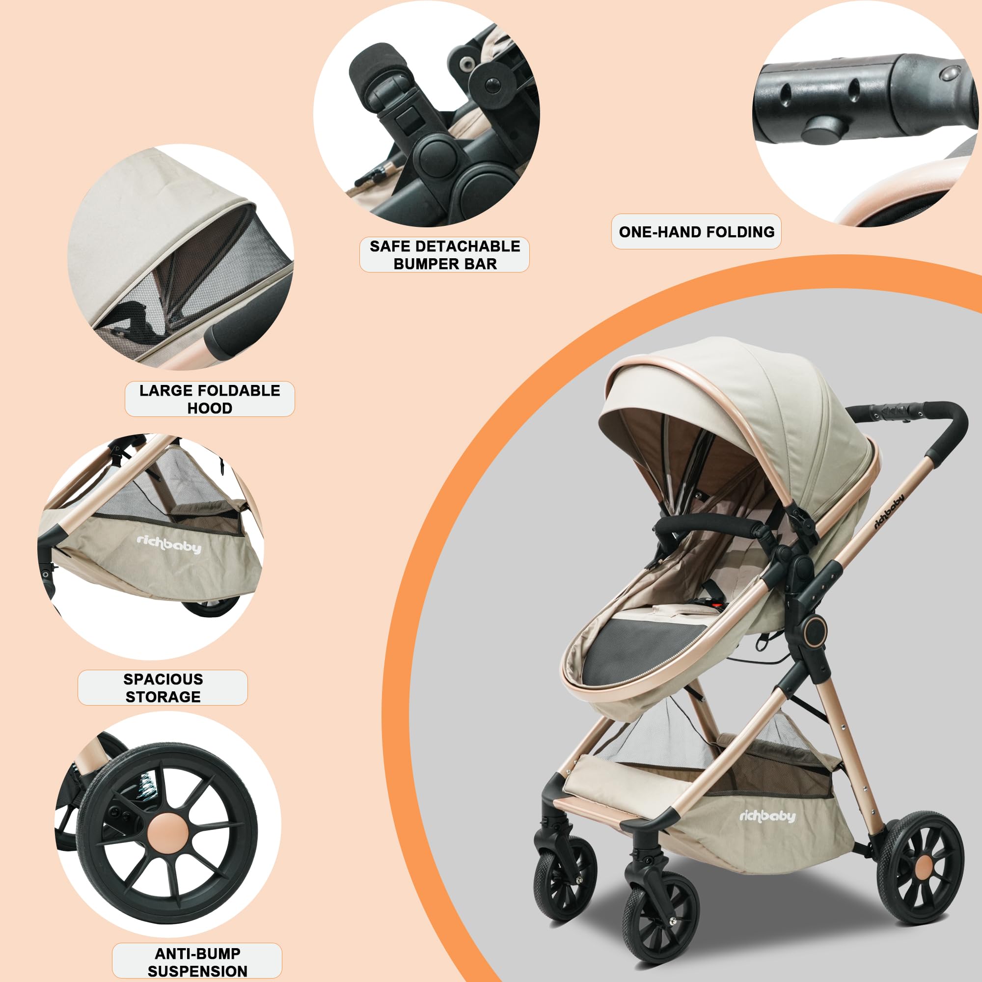 Passeggino 2 in 1 con navicella, compatto, pieghevole, protezione UV (crema