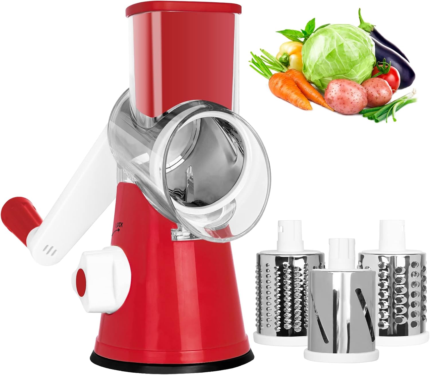 X Home Rotary Cheese Grater Kitchen Mandoline Vegetables Slicer Cheese Shredder with Rubber Suction Base, 3 Stainless Drum Blades Included, Easy to Use and Clean,Red