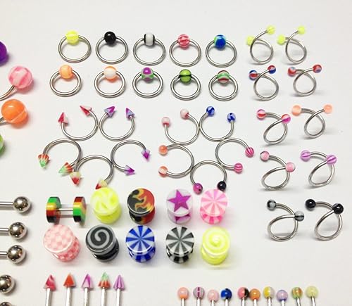 Miniatura 4 de Oasis Plus 100 piezas 15 estilos 0.49 oz 0.56 oz mezcla piercing cuerpo joyería kit ombligo ombligo anillo lengua nariz oreja anillos ceja pezón