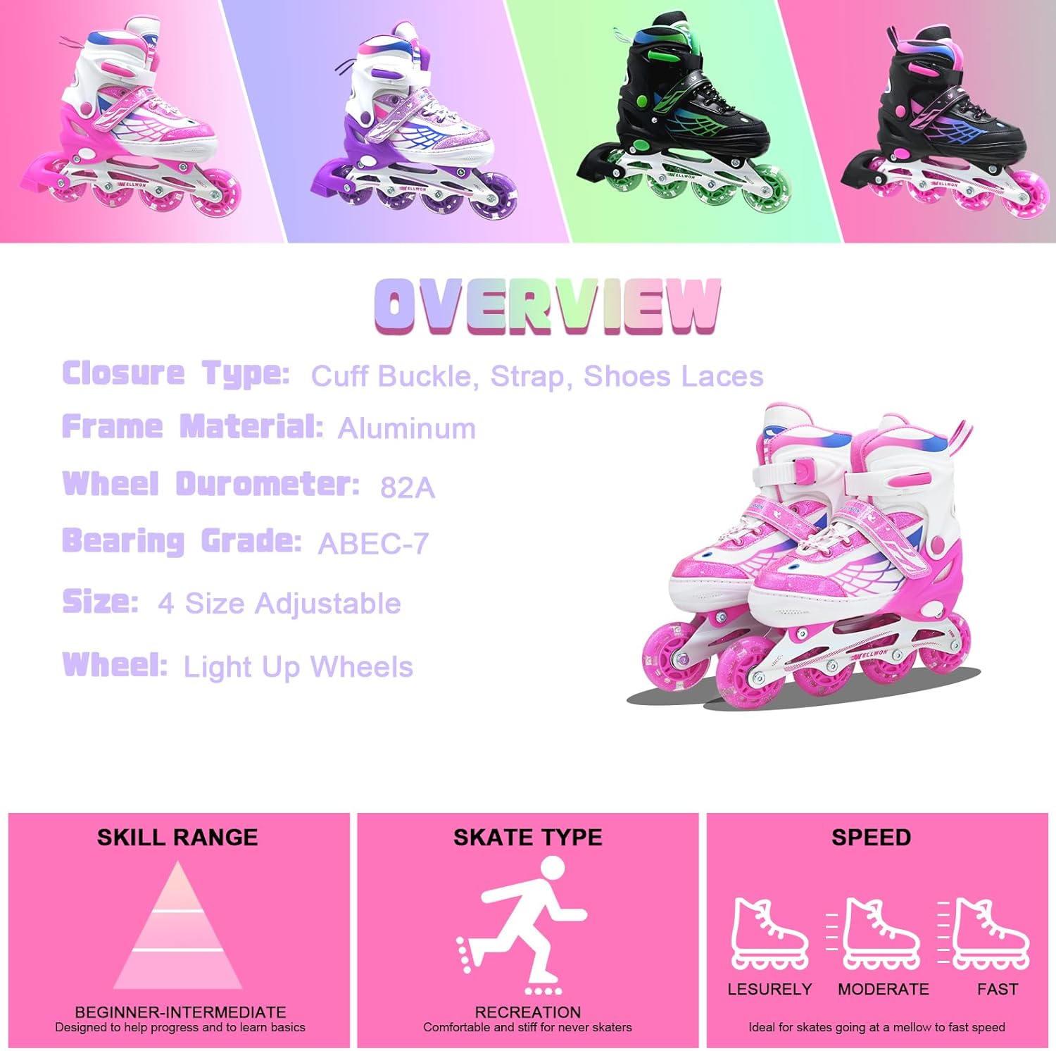 Inline Skates for Girls and Boys, 4 Size Adjustable Skates for Kids with Full Light Up Wheels and Youths Ages 5-14, Beginner Skates for Teen