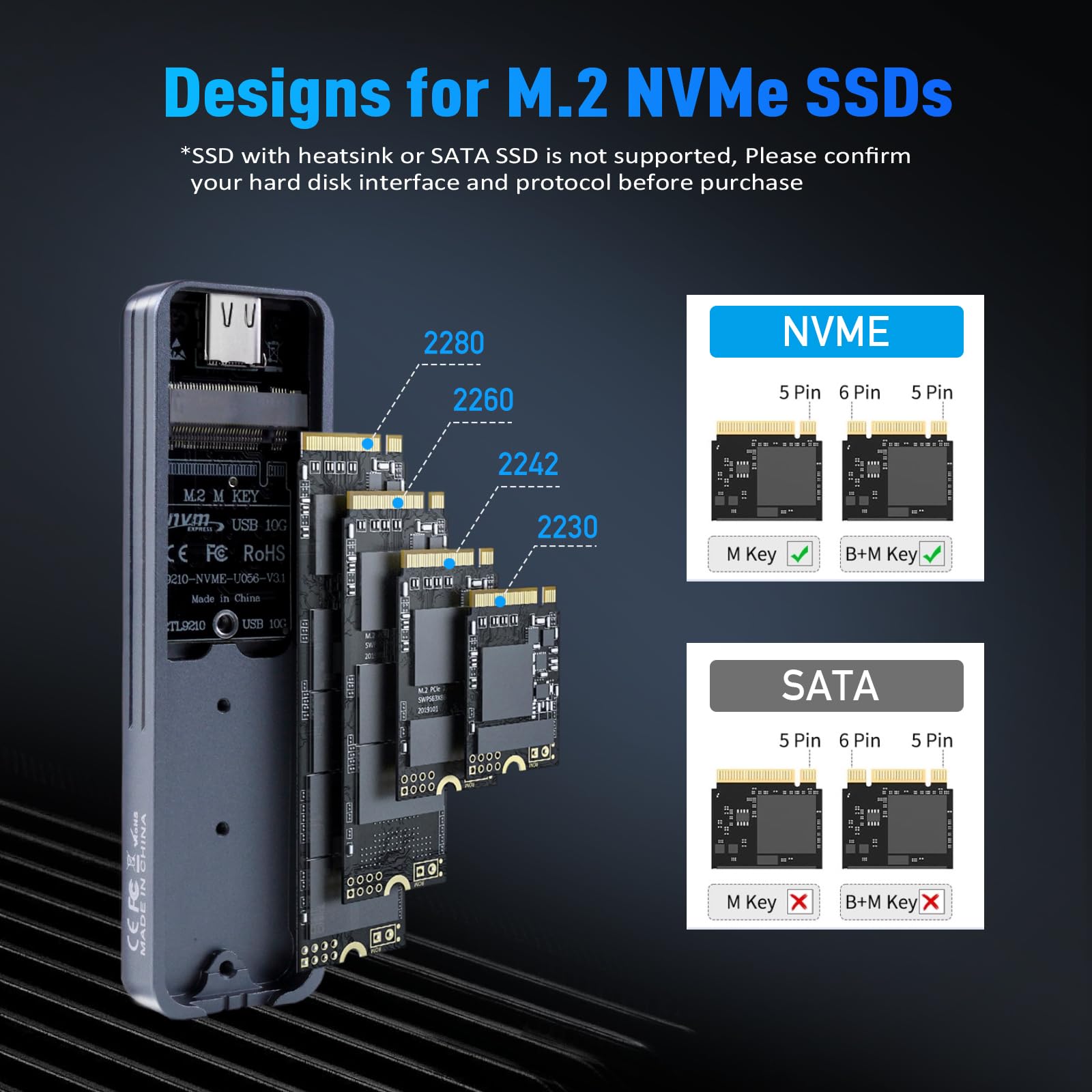 VCOM Enclosure M.2 NVMe E SATA USB 3.1 Gen 2 10Gbps - Custodia SSD In Alluminio Con Pad Termico, Supporta 2230/2242/2260/2280 - 4