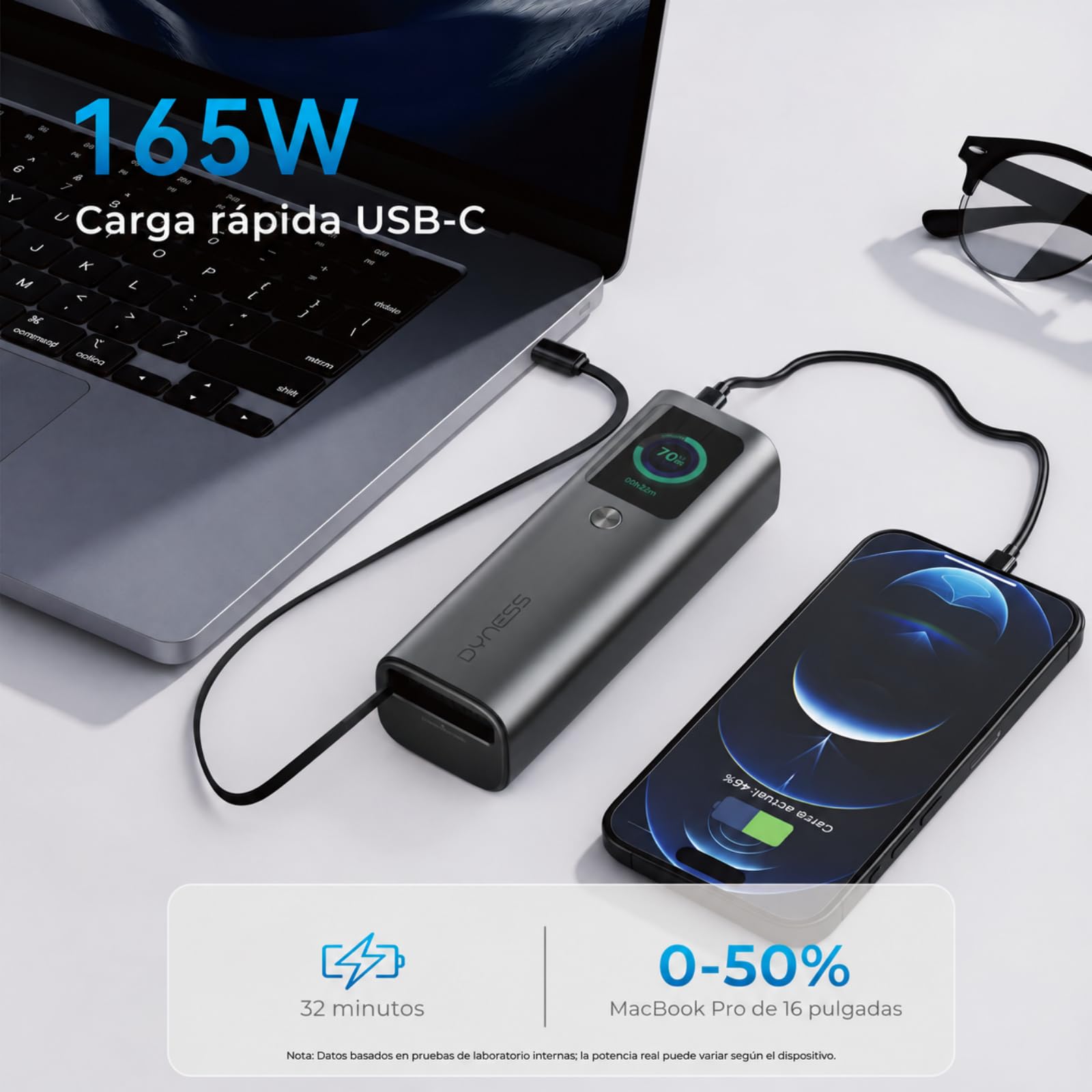 Dyness Powerbank 20000mAh 165W, Power Bank mit PD3.1 Schnellladung, TFT-Farbbildschirm, Einziehbares USB-C Kabel Aluminium Kühlung, Kleinststrom für BluetoothGeräte