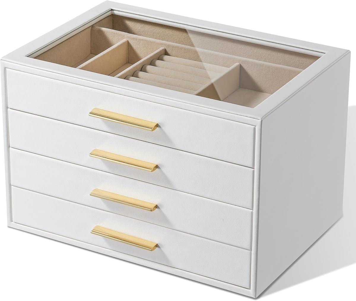 Jewelry Box Organizer Storage Case, 4-Layer with Glass Window, Pure White | Pure White Leather with Velvet Holder for Ring Necklace Bracelet Brooch Watch, Great Gift for Her