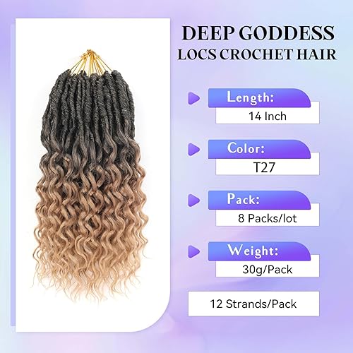 Miniatura 2 de Goddess Locs - Extensiones de cabello ondulado profundo, 8 paquetes de trenzas de ganchillo suaves de imitación para mujeres negras, T27.