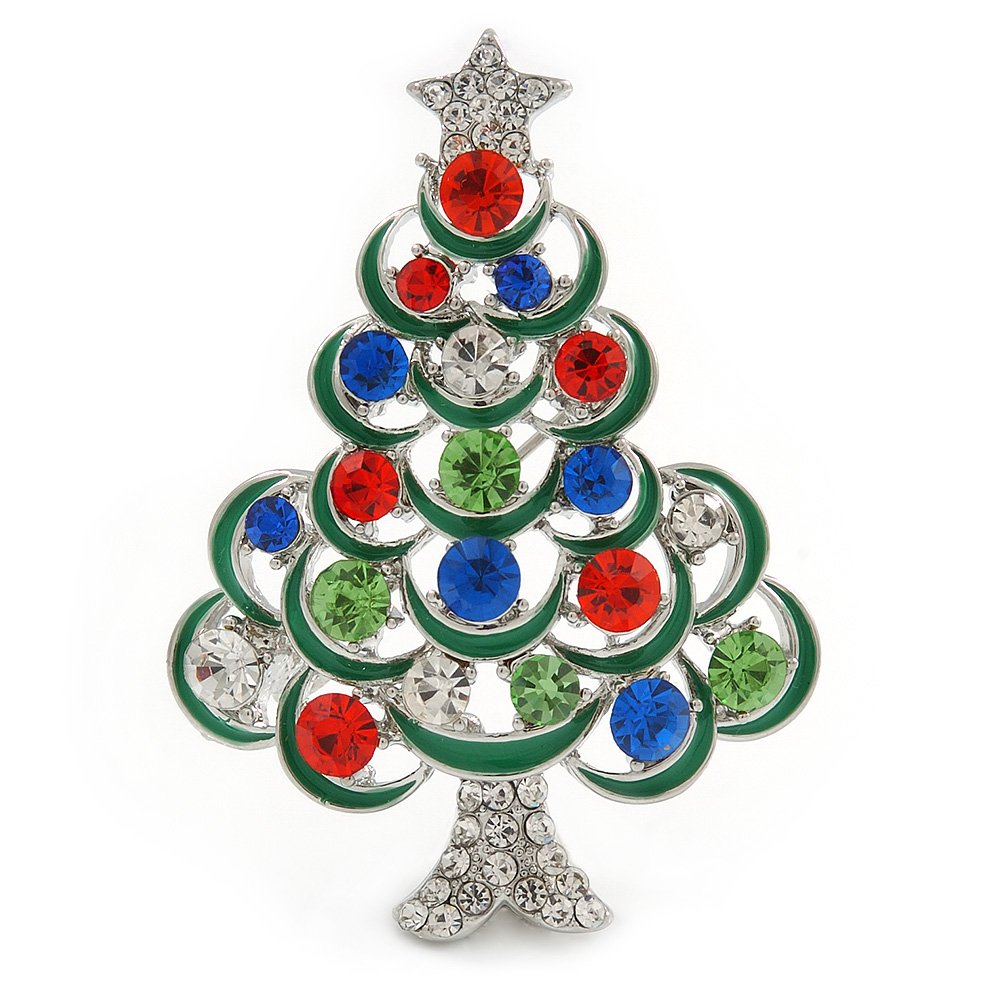 Avalaya Holly Jolly Red, Green, Clear, Blue Austrian Crystals Christmas Tree Brooch in Silver Tone - 50mm L