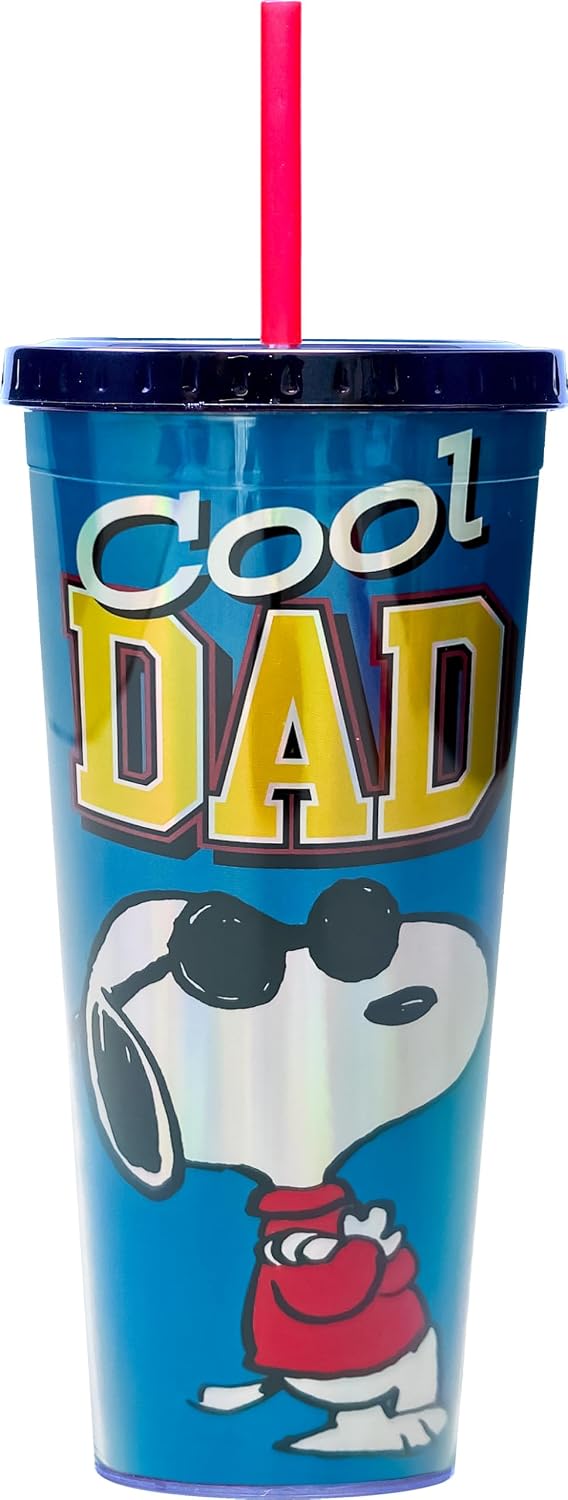Spoontiques Snoopy Dad Acrylic Foil Cup with Straw - 20 oz - Metallic Locking Lid with Straw - Double Wall Insulated - BPA Free