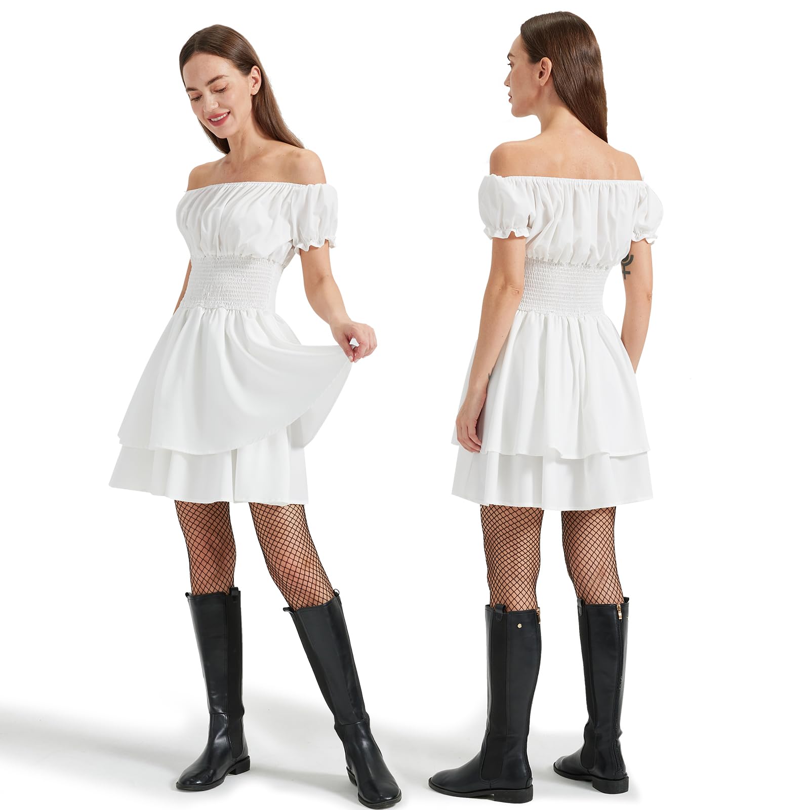 Joellfuner Costume Pirata Donna, Vestito Bianco Pirata Donna, Priatecostume con Corsetto, Calza, Bandana, Accessori per Capelli, Collana e Catena da Vita per Halloween Carnevale
