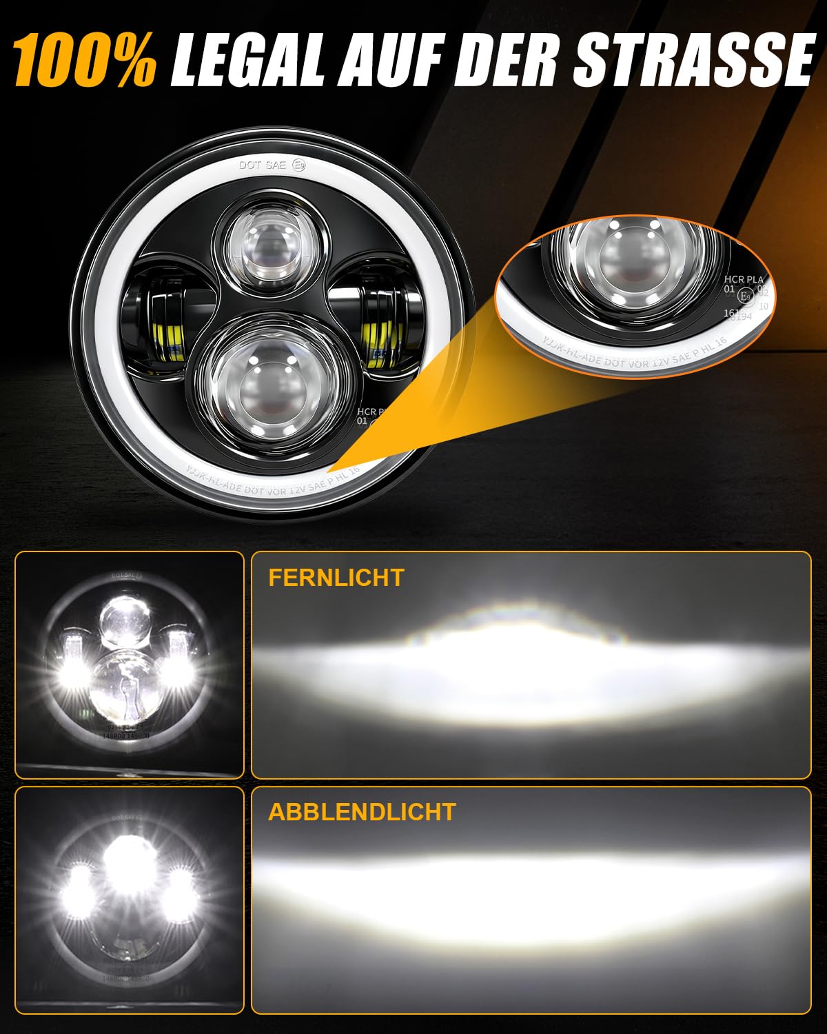 CO LIGHT 7 zoll LED scheinwerfer 150000LM, E-geprüft mit Abblendlicht Fernlicht Amber Halo Blinker, Weißem Tagfahrlicht (DRL) ，für Defender VW T3 G Klasse Wrangler TJ JK LJ Hummer