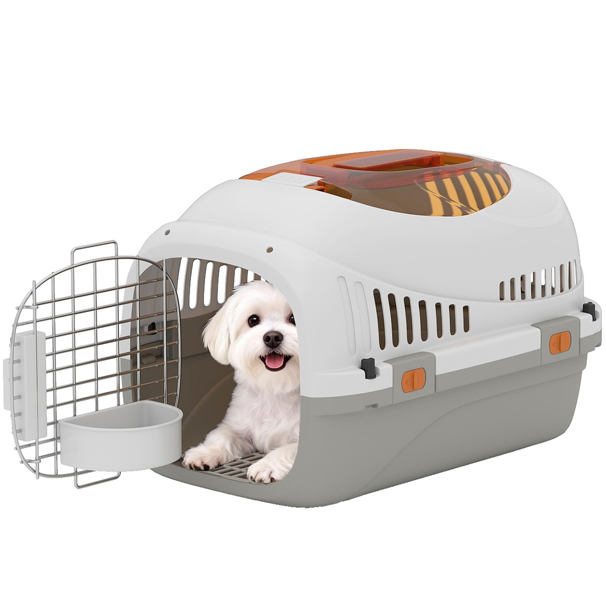 PawHut Caisse de Transport Chat et Chien, Cage de Transport pour Chats et Petits Chiens jusqu'à 4 kg, Porte Acier, Bol de Nourriture, Fermeture sécurisée, 49 x 32 x 31 cm, Gris et crème
