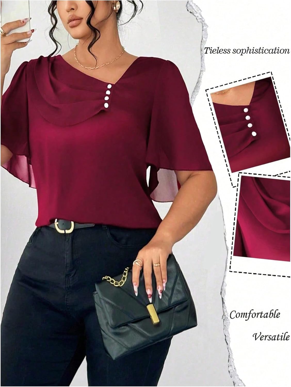 Floerns Women's Plus Size Elegant Short Sleeve Blouse Tops Asymmetrical Neck Dressy Casual Shirts - Image 5