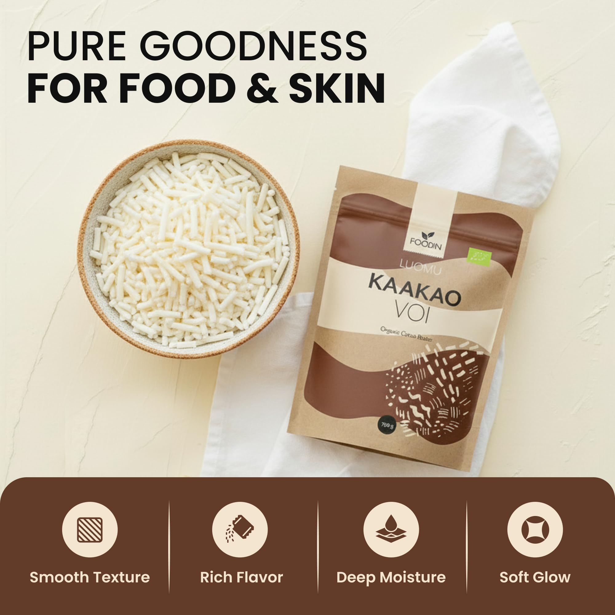 FOODIN Manteca de cacao ecológica — Kakaobutter pura para cuidado de la piel – Ideal para repostería, postres y cocina – Aroma suave y nutritivo – 750 g