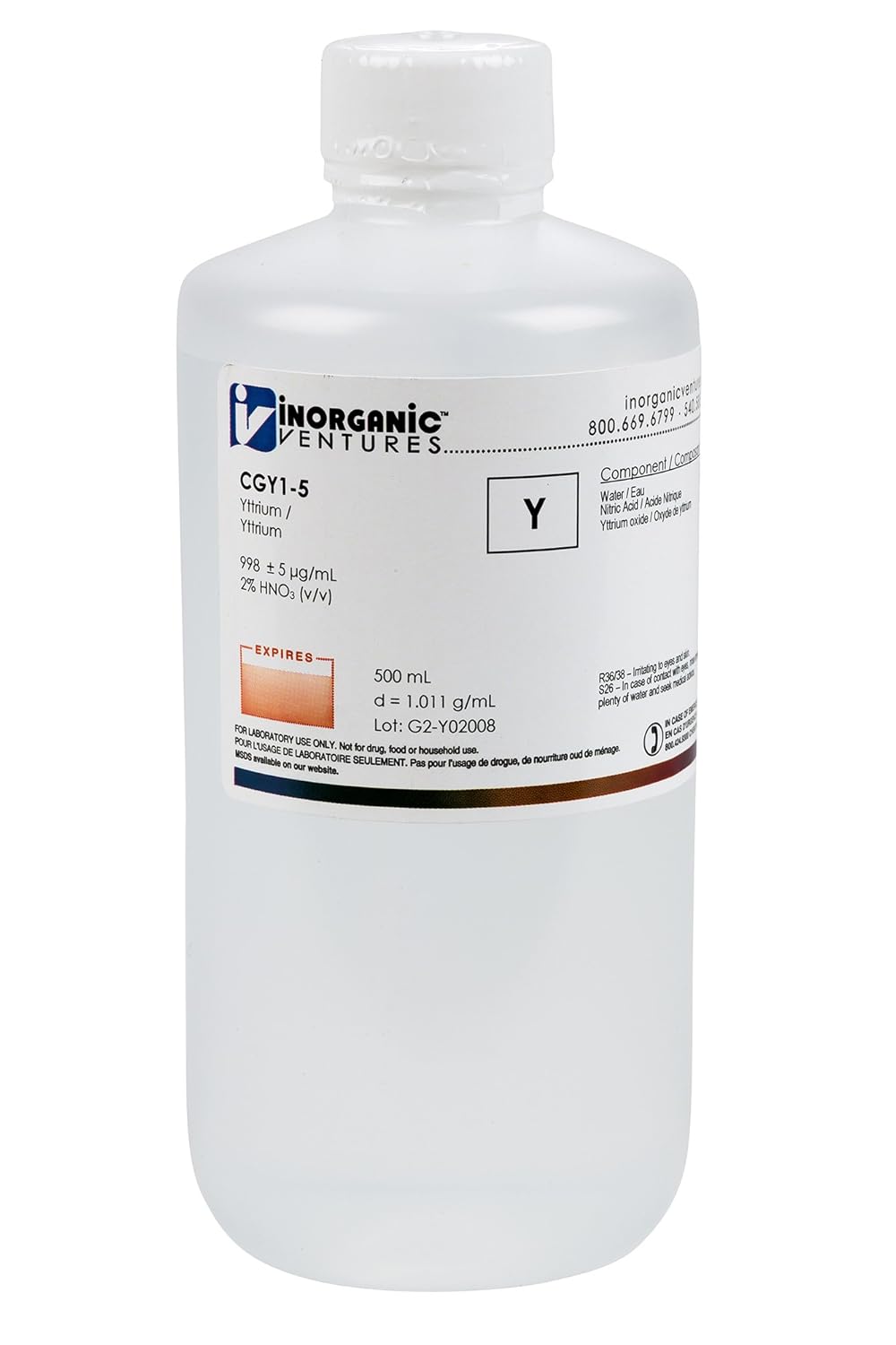 Ventures CGY15 1,000ppm Yttrium (Y) Standard for ICP, 500mL