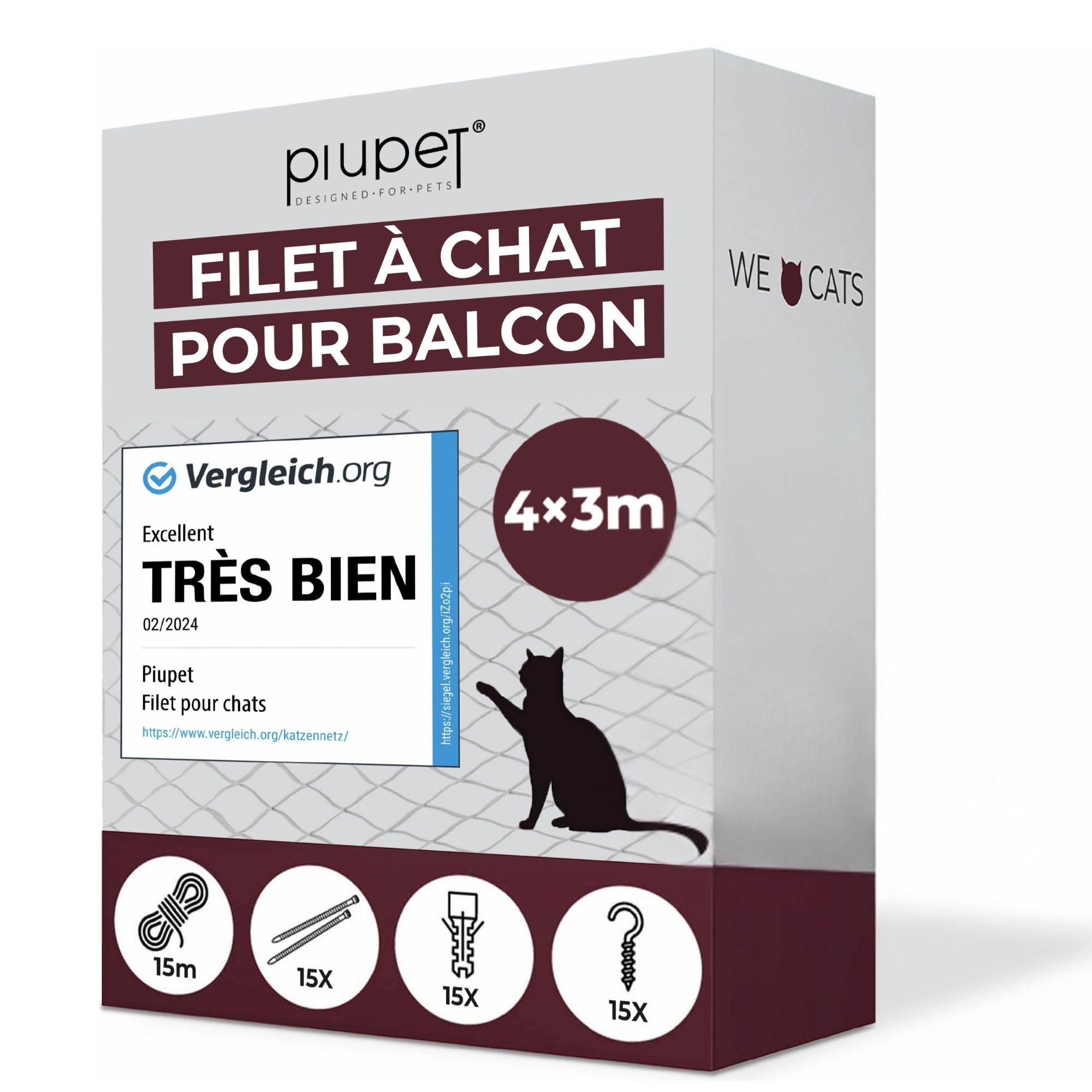 PiuPet® Filet de Protection pour Chats 4 x 3 m | Filet Transparent pour Chats avec Corde de Fixation | Sécurité maximale pour balcons et fenêtres
