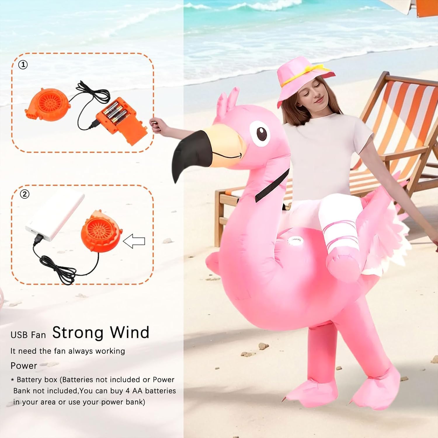 Inflatable Flamingo Costume for Adults and Kids with Pink Hat, Blow Up Ride on Flamingo Costume for Halloween Christmas Party, Funny Costume for Men & Women (4.9-6.2 ft)