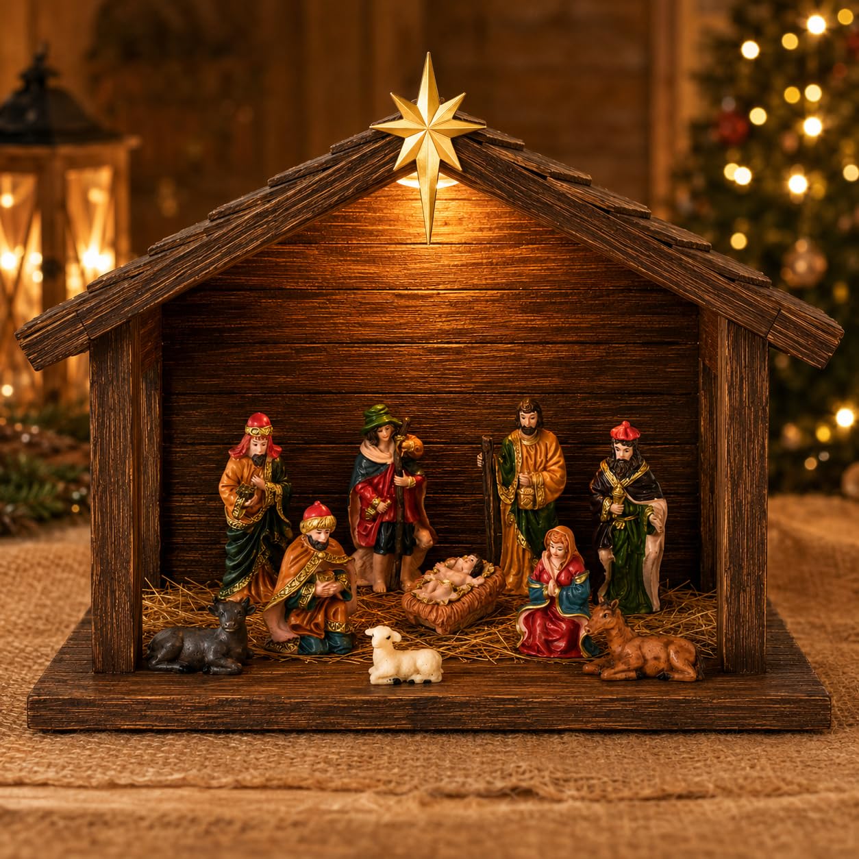 Juego de 11 pesebre, establo de madera iluminado con figuras de
