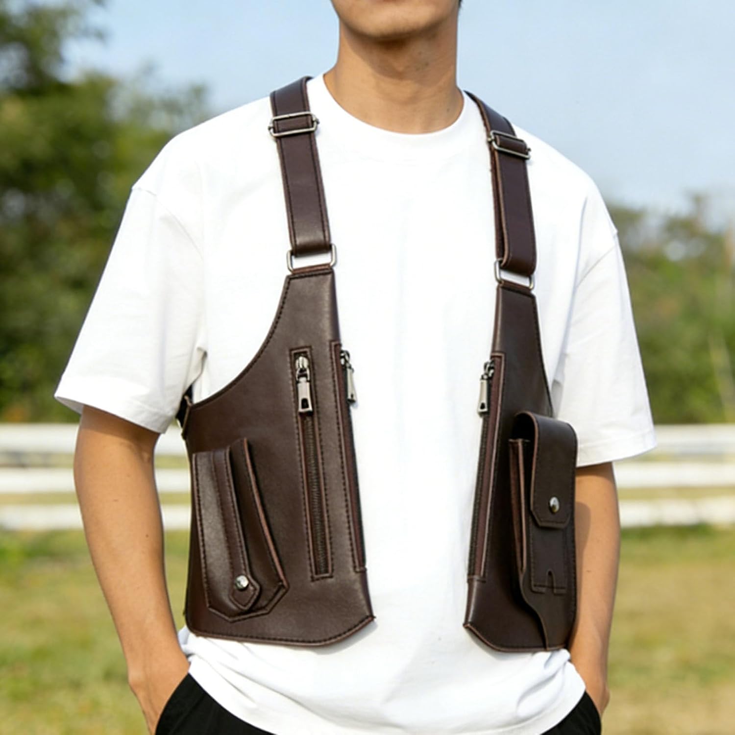 Men's Double Shoulder Armpit Bag, Leather Anti-Theft Hidden Wallet Pocket, Adjustable Tactical Crossbody Chest Bag