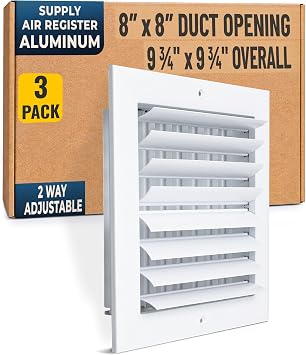 [3 Pack] Fits 8x8 Duct Opening Aluminum 2-Way Adjustable Air Supply Grille by Handua | Curved Blade Register Vent Cover for Sidewall & Ceiling | White | Outer Size 9.75" X 9.75"