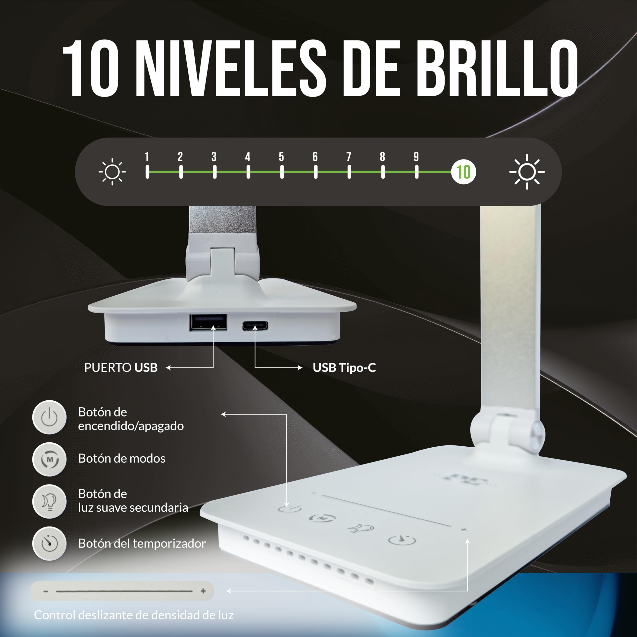 Lámpara LED Escritorio 5 Funciones en 1 | Flexo de Escritorio con Luz Nocturna I Lámpara de escritorio táctil I 5 Modos de Luz I 10 Niveles de Brillo I Puerto USB I Color Plata.