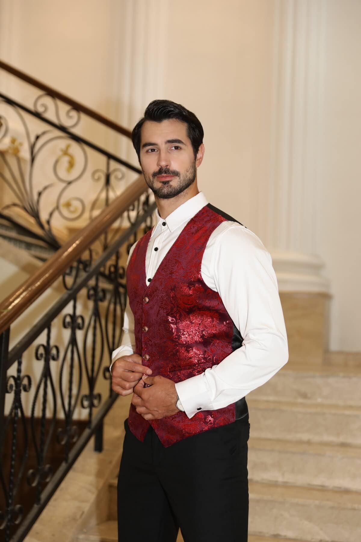 Allthemen Gilet Homme Classique Paisley Floral Jacquard Gilet Mariage Luxe Soirée Slim Fit Gilet de Costume pour Homme