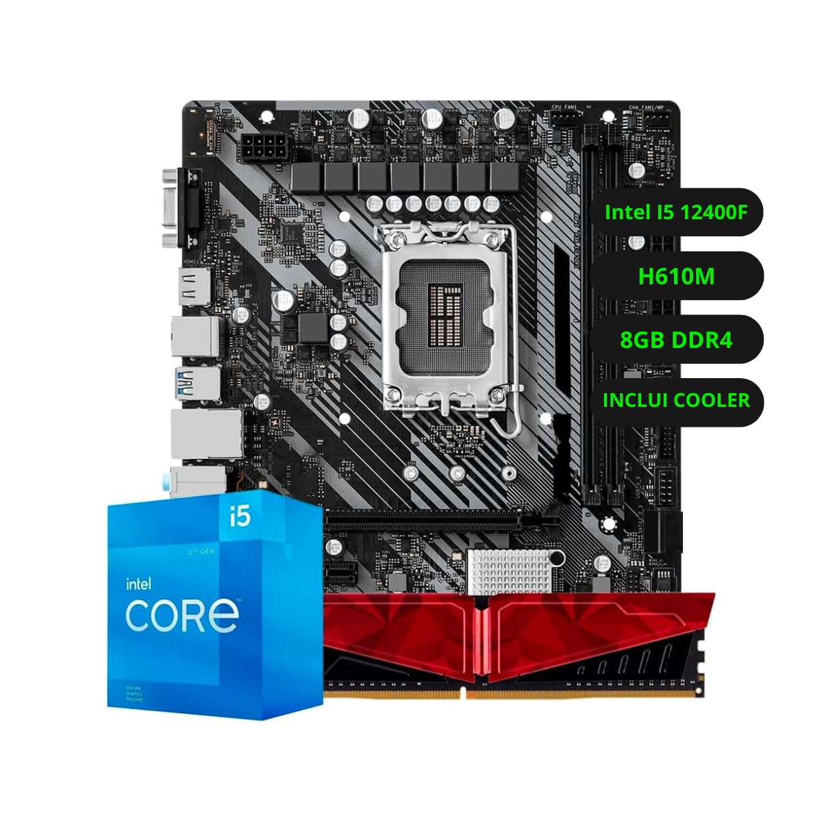 Kit Upgrade Intel Core i5 12400F Placa Mãe H610M Memoria Ram 8GB