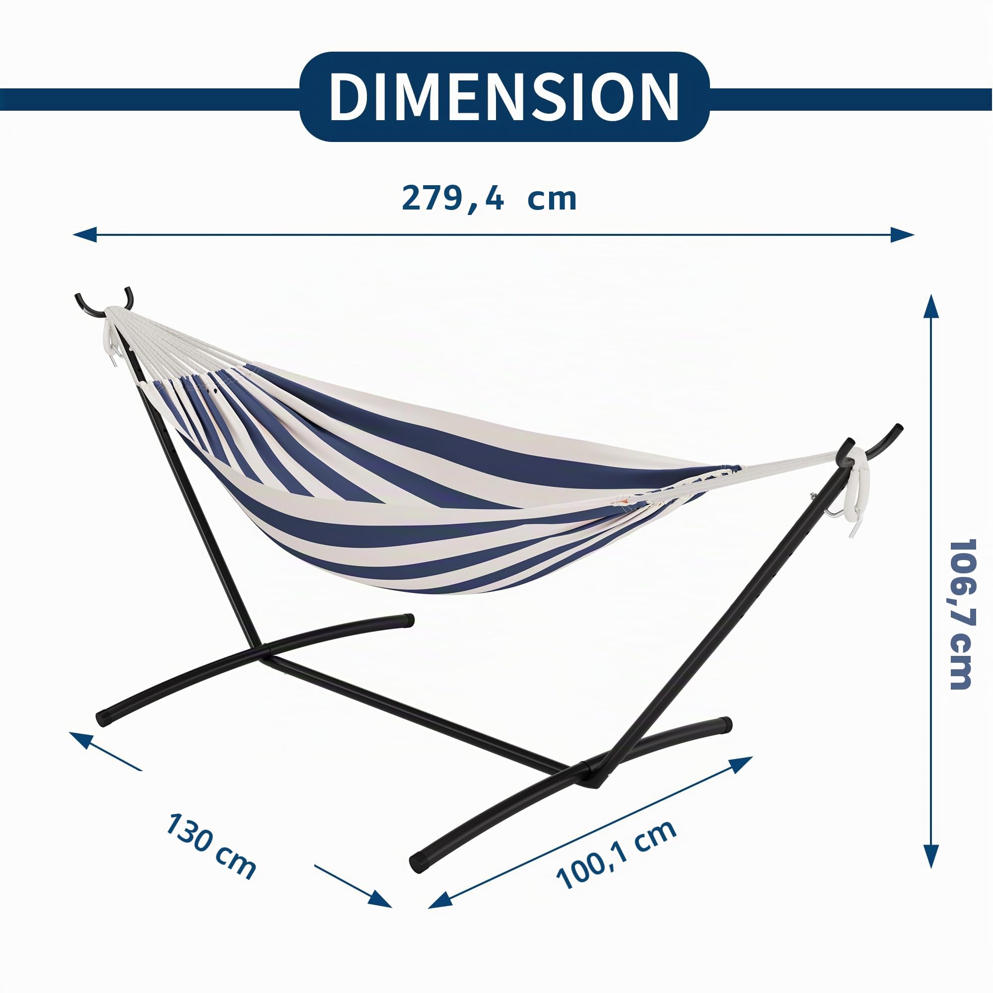 Garvee Hamac Double Robuste pour 2 Personnes avec Support en Acier – Lit brésilien en Coton – Capacité 450 LB – Portable avec Sac de Transport – Idéal Jardin, Camping, terrasse – Rayé Bleu et Blanc
