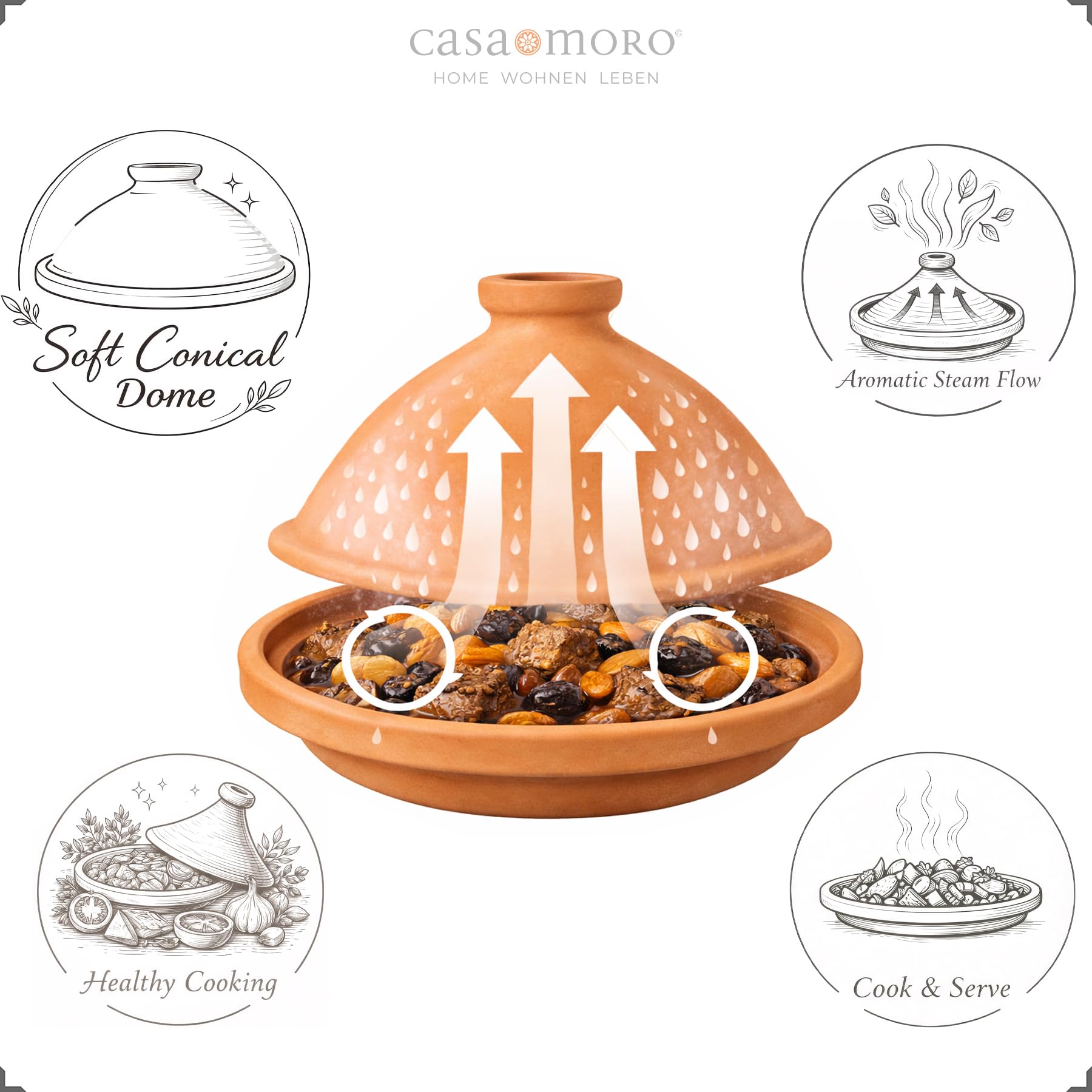 Marokkanische Tajine, Schmortopf aus Ton Ø 30cm Kochen für 3-4 Personen | Tagine unglasierter Gartopf Tontopf