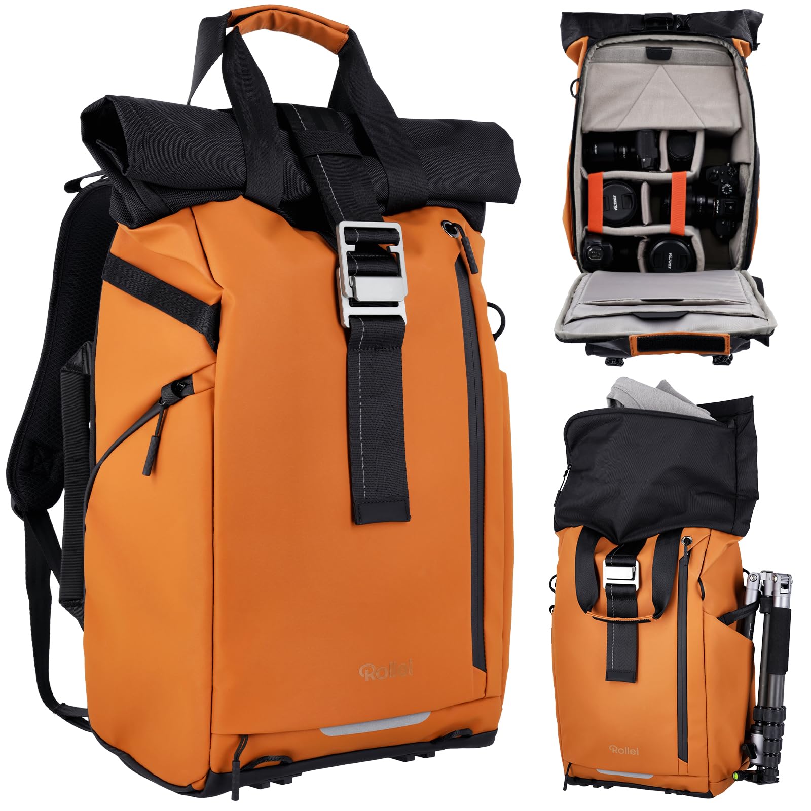Mochila para Cámara Rollei Fotoliner Ocean Rolltop Gran Mochila Fotográfica Impermeable con Compartimento para Laptop Mochilas Camaras Fotos para Cámara DSLR 20L Naranja Cámara-Camara-Mochilas-Rolltop