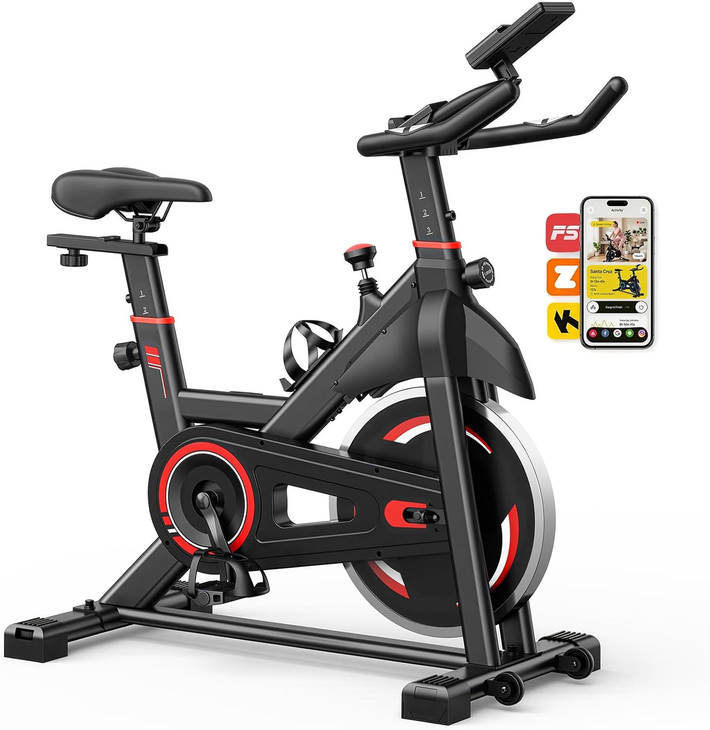 OLIXIS Exercise Bike with APP Control, Brake Pad Stationary Bikes with Quiet Magnetic Resistance, Indoor Cycling Spin Workout Bike with 300.0 lbs Weight Capacity for Living Room, Home, Gym, Red
