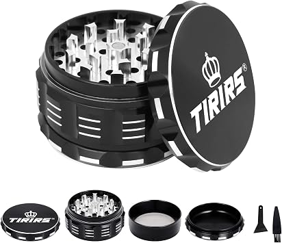 3 Inches 4 Pieces Premium Herb Grinder - Aluminium Large Spice Grinder with Pollen Catcher, with Pollen Scraper and Cleaning Brush, Black