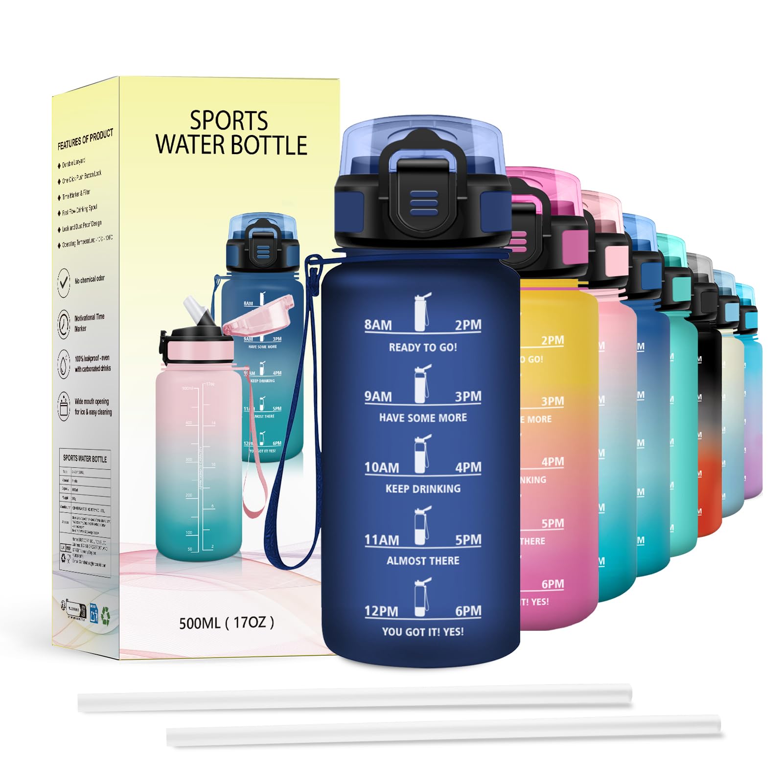 JAPORIA Borraccia 500ml, a Prova di Perdite, Bottiglia Motivazionale con Cannuccia, Indicatore Tempo, per Campeggio, Scuola, Ufficio, Lavoro