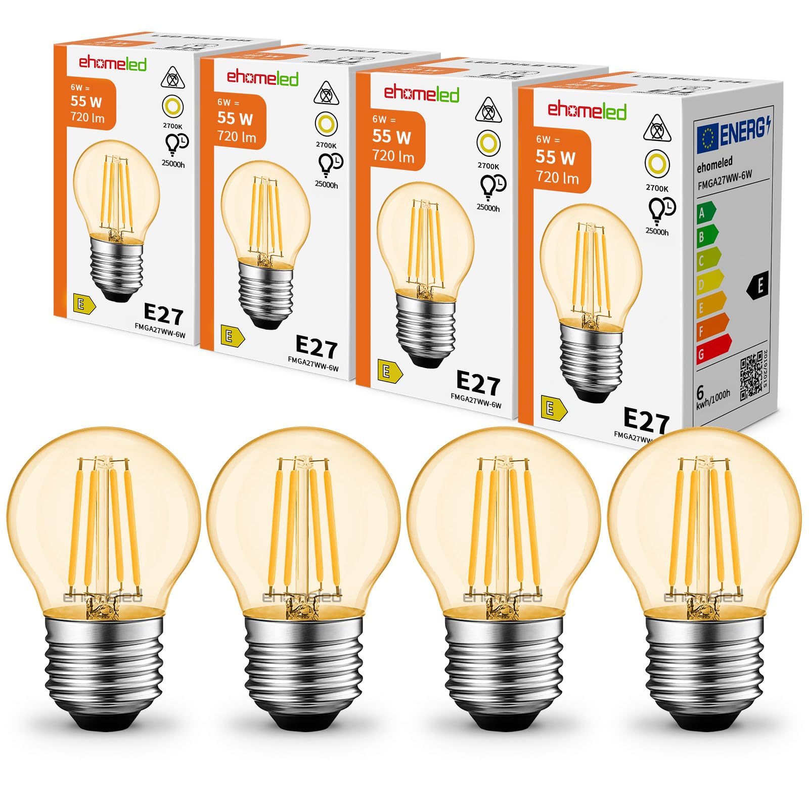 ehomeled 55W Equivalent Vintage Light Bulb E27 Edison Screw Bulb, 6W LED G45 Golf Ball Filament Bulb, Antique Edison E27 Antique Style Retro Amber Glass 2300K Warm White, 720LM, 4 Pack