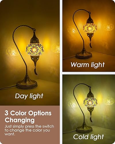 Miniatura 8 de Yarra-Decor Lámpara de mesa de mosaico turco marroquí con base de bronce, 3 opciones de color, hecha a mano, cuello de cisne, mosaico Tiffany,