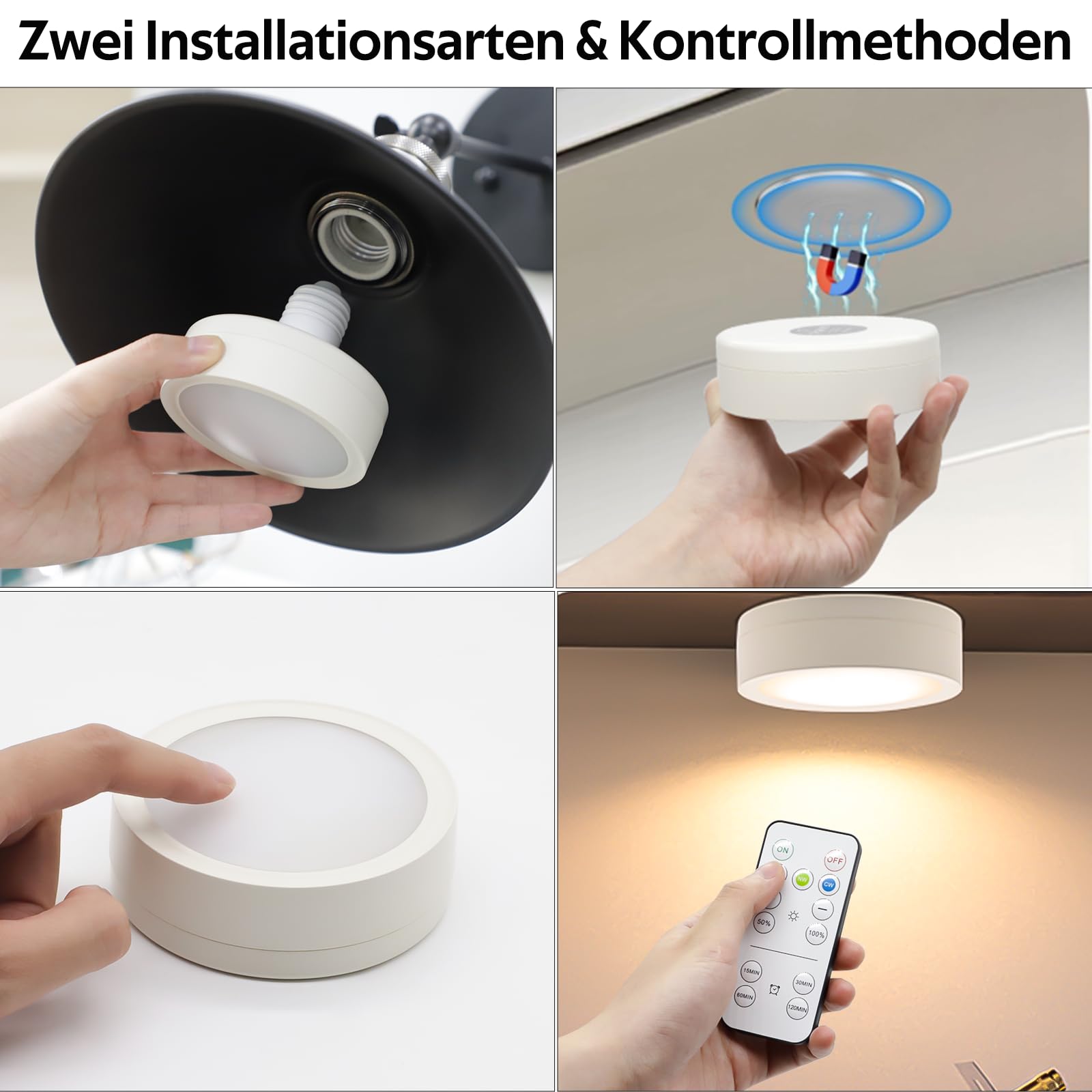 AIBOO LED Batteriebetriebene Lampen für Wandleuchte Innen E27, Fernbedienung und Touch Control CCT Mit E27 und Eisenstück für Wohnzimmer Schlafzimmer Treppenhaus Flur kabellose Wandleuchte 2er-Pack