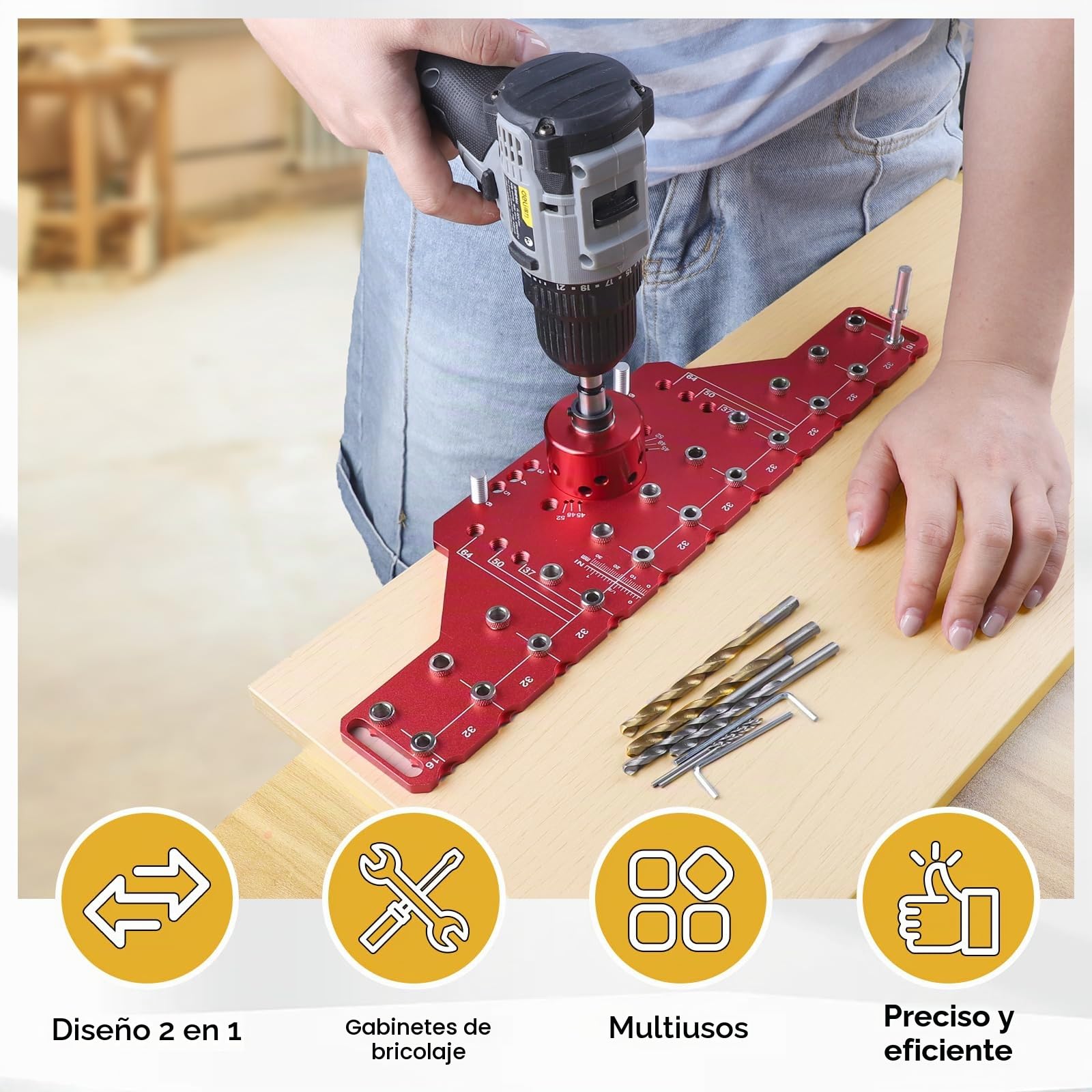 Plantilla de taladro alineada 2-en-1 – Para espigas y bisagras de 35mm Guía de aluminio con brocas de 5mm y 1/4 pulgada, herramienta perfecta para bricolaje y carpintería (Modelo Largo)