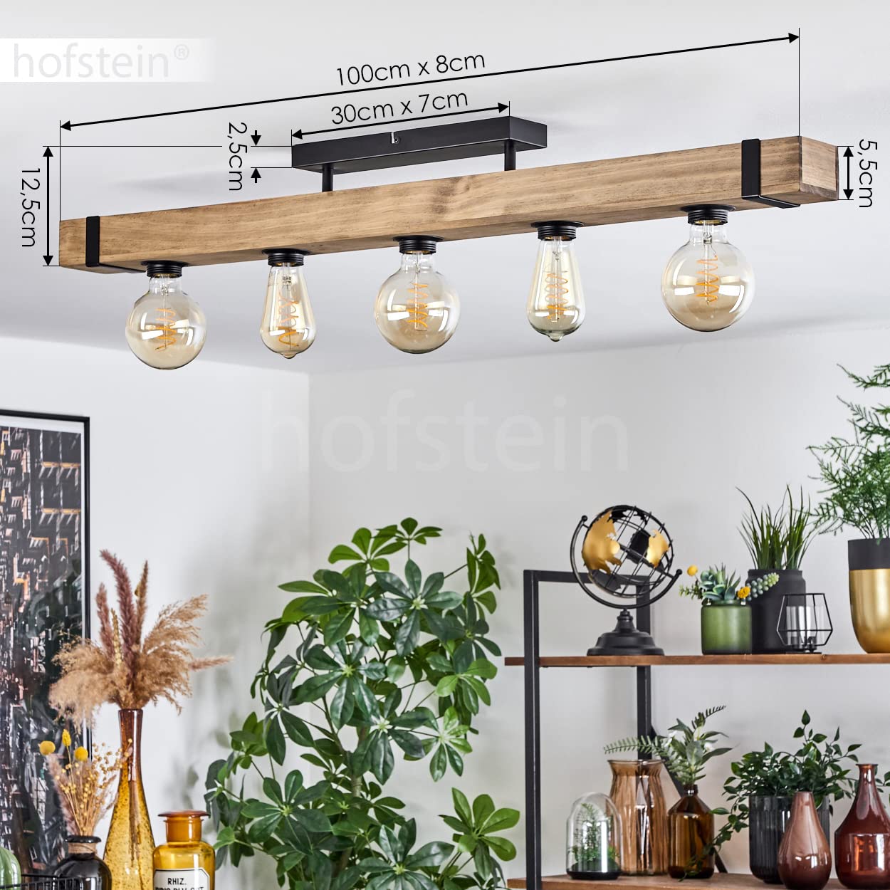 hofstein Lámpara de techo Montgomery, lámpara de techo de metal/madera en negro/naturaleza con viga de madera (100 cm), 5 x casquillo E27, sin bombillas