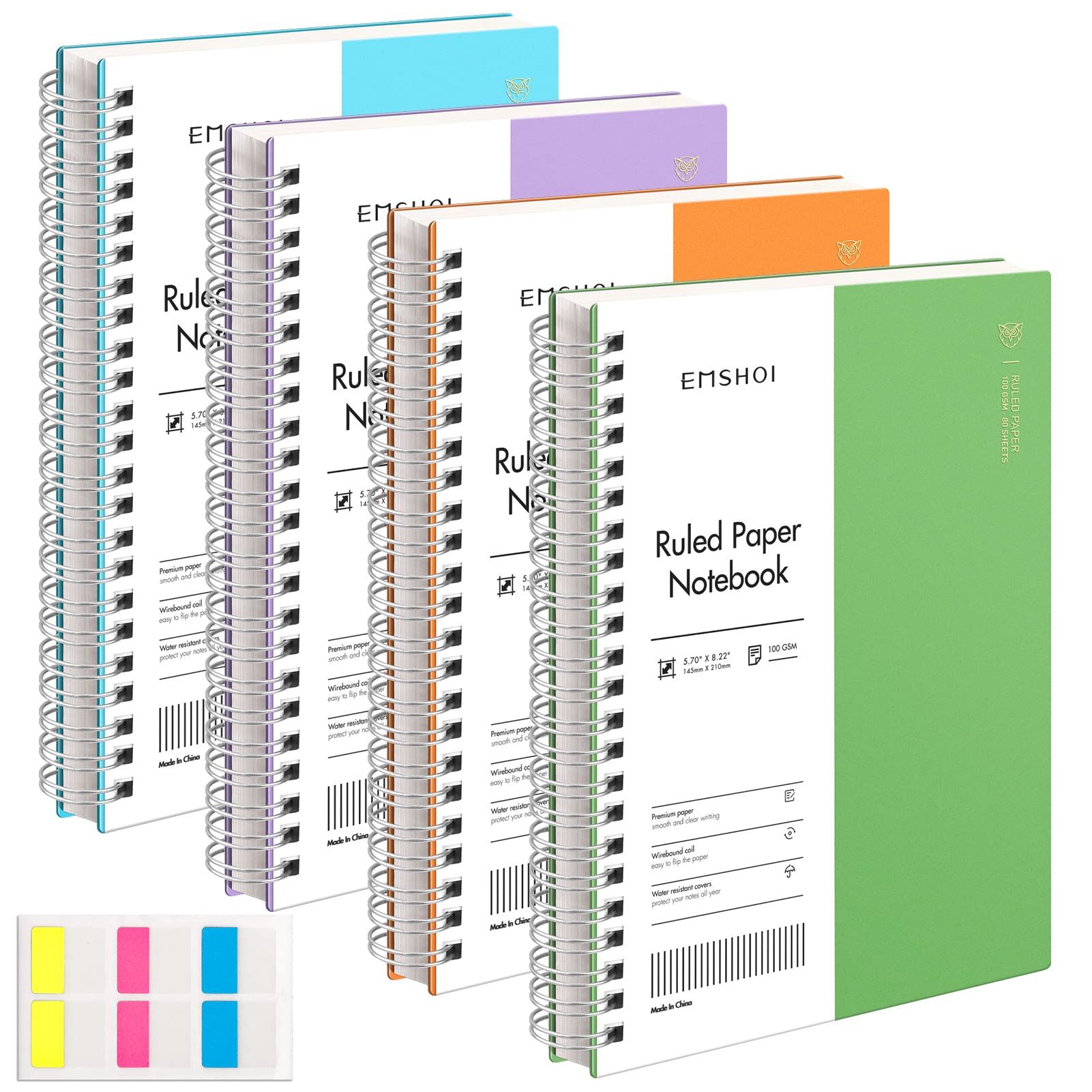 EMSHOI College Ruled Spiral Notebook, 4 Pack 5.7" x 8.22" A5 Small Notebooks for Work, 640 Pages 100gsm Thick Lined Journals for Writing, Sticky Notes, Plastic Hardcover, Blue, Purple, Orange, Green
