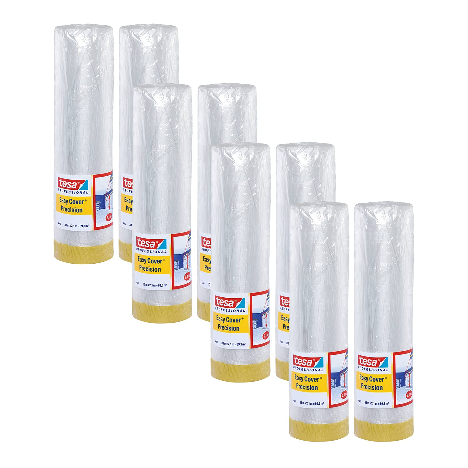 tesa Easy Cover 4365 Precision - Pack de 8 láminas de pintor con cinta de pintor para enmascarar y cubrir durante la pintura - Cinta adhesiva 2 en 1 con película transparente - 33 m x 2,1 m cada una