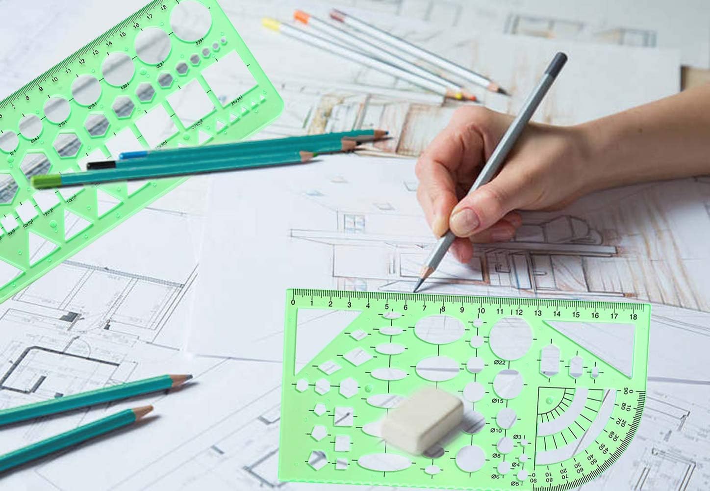 KESAPLAN 9 PCS Drawing Templates Plastic Rulers Multi-Function Measuring Rulers with French Curve Ruler,Geometric Drawings Templates Rulers Tool Set for Studying Designing and Building (Green)