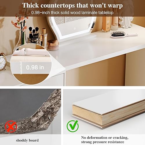 Miniatura 5 de Moderna mesa de tocador de maquillaje de esquina con espejo LED y 6 cajones espaciosos, tocador retráctil para armario, escritorio de escritura,