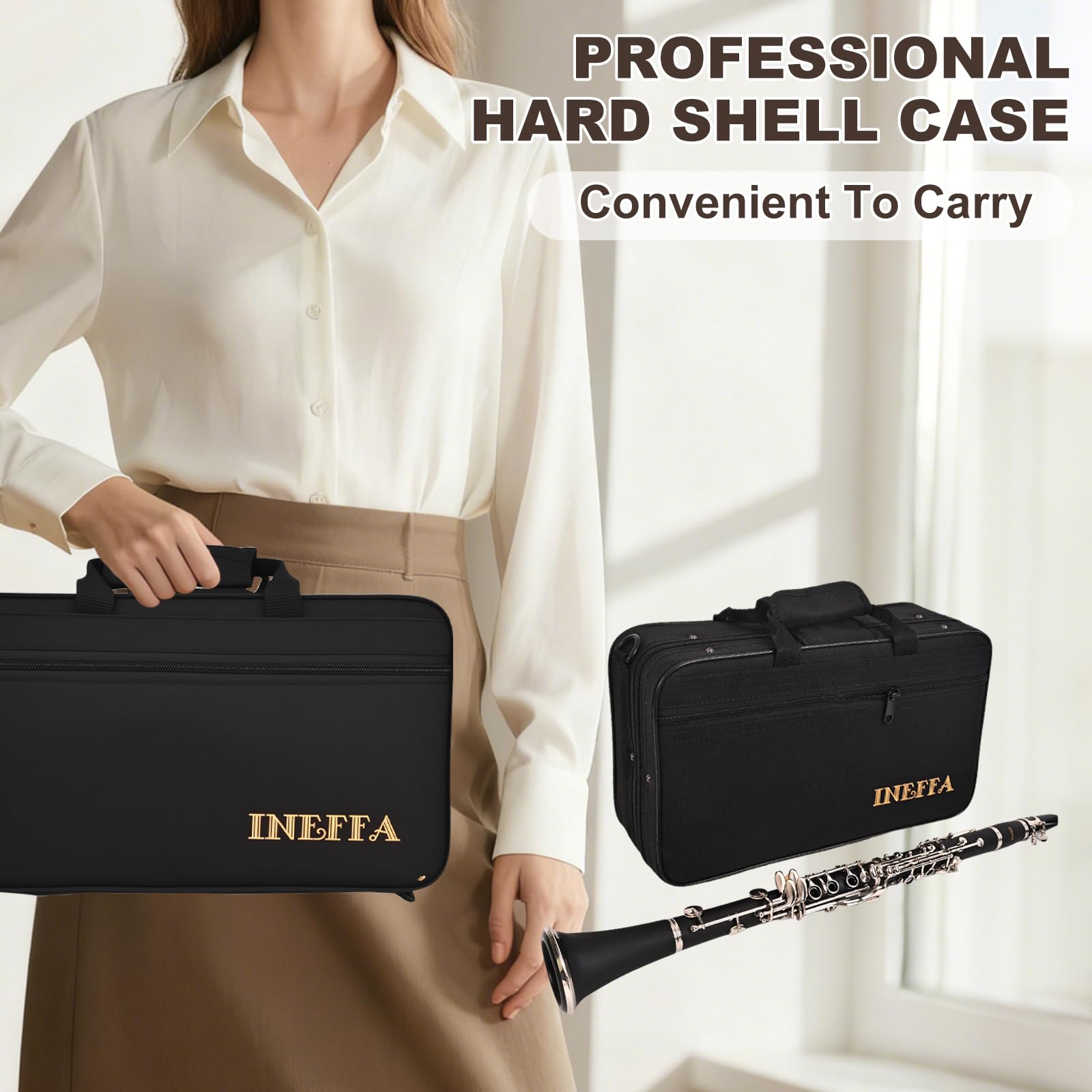 Bb Clarinet for Beginners, Professional Black Wood Clarinet with Hard Case, Cleaning Cloth, Cork Grease, and Fingering Chart, Reeds, for Students & Adults (ABS)