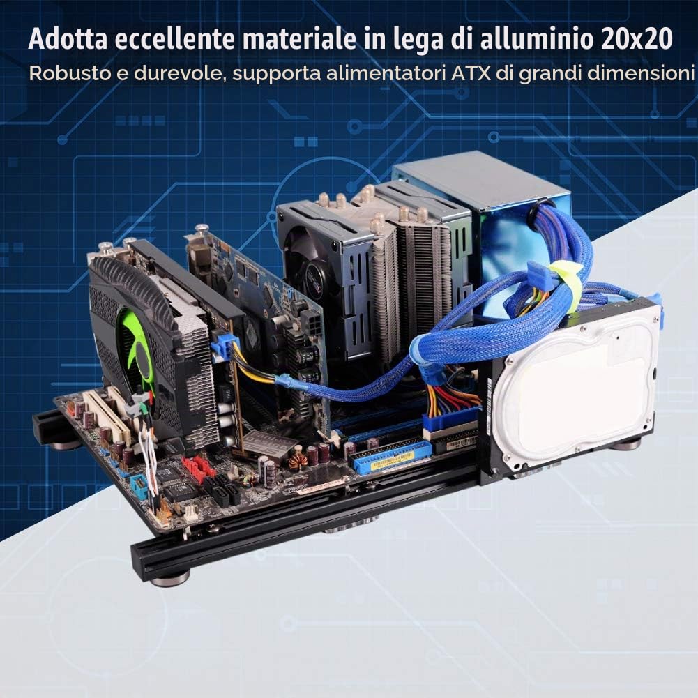 Custodia per PC con telaio aperto fai-da-te, custodia per piattaforma di prova overclocking per computer ATX in lega di alluminio, adotta eccellenti supporti materiali 20x20 per il grande alimentatore