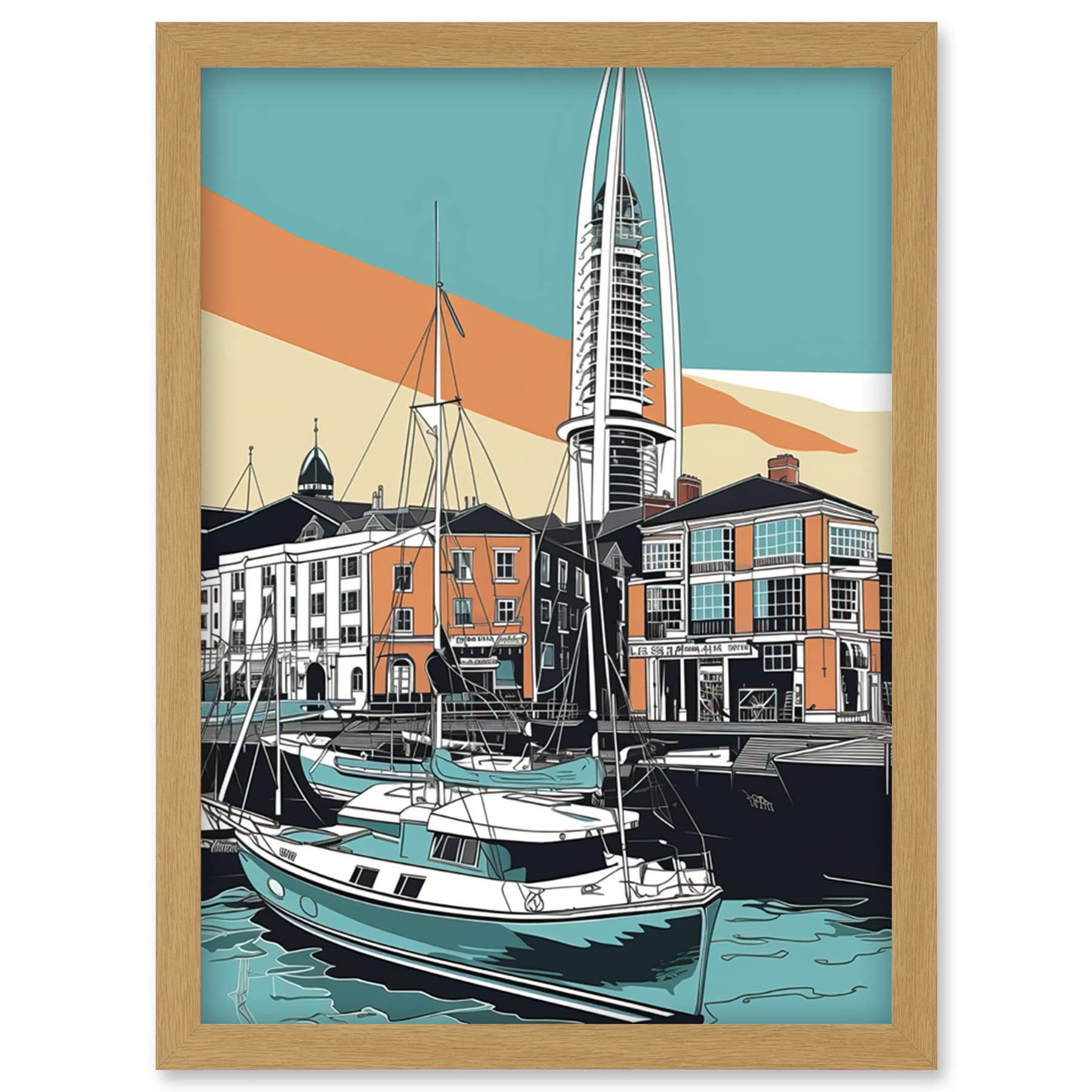 Portsmouth Historic Dockyard Linocut Style Artwork - Framed Wall Art Print A4 - Artery8
