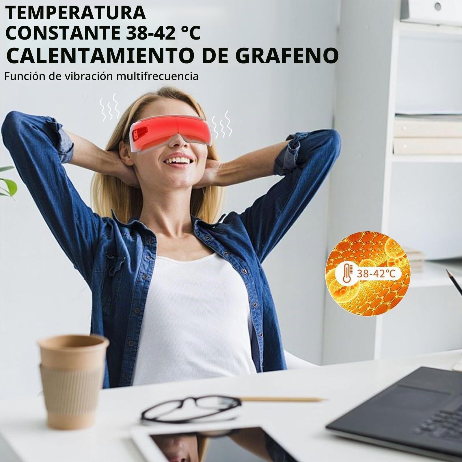 Masajeador de ojos 4 en 1 con calor y Bluetooth, antifaz eléctrico - 5 modos, 3 niveles de temperatura y masaje de presión de aire - Batería de 1200 mAh para viajes y oficina - Contra la fatiga ocular