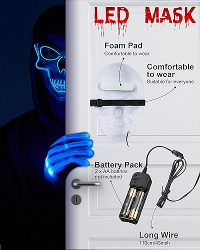 Vista 4 de Sumind Máscara LED de Halloween, esqueleto LED aterrador, hacker de purga que brilla en la oscuridad, para fiesta de disfraces de Halloween (azul)