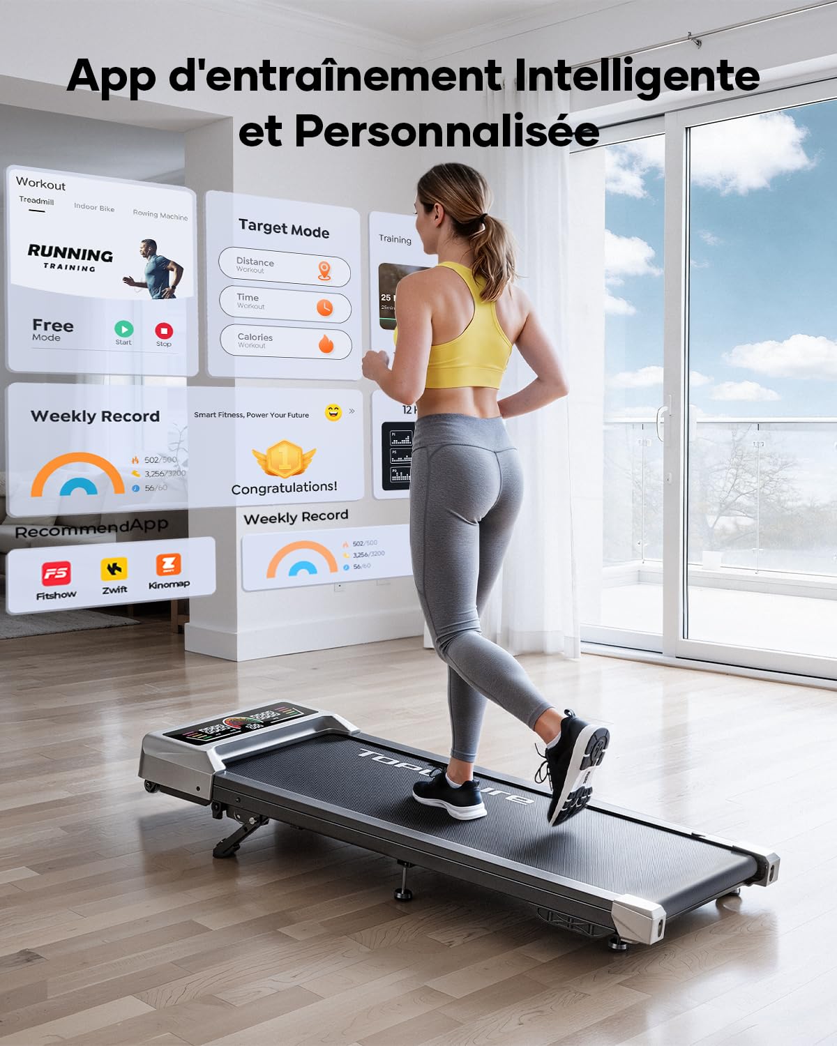 Tapis de Course électrique 2 en 1, 3.0 HP, Pente 0-5-10%, Vitesse 1-10 km/h, Compact sous Bureau